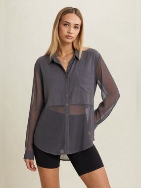 Apt9 Sheer Satin Charcoal Gray Button-Down Blouse Large